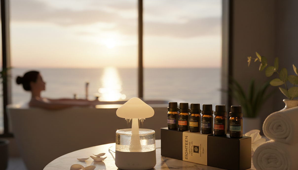 A cozy sunset ritual featuring Lura Essential Oils and a cloud diffuser on a wooden table, creating a peaceful atmosphere by the window.