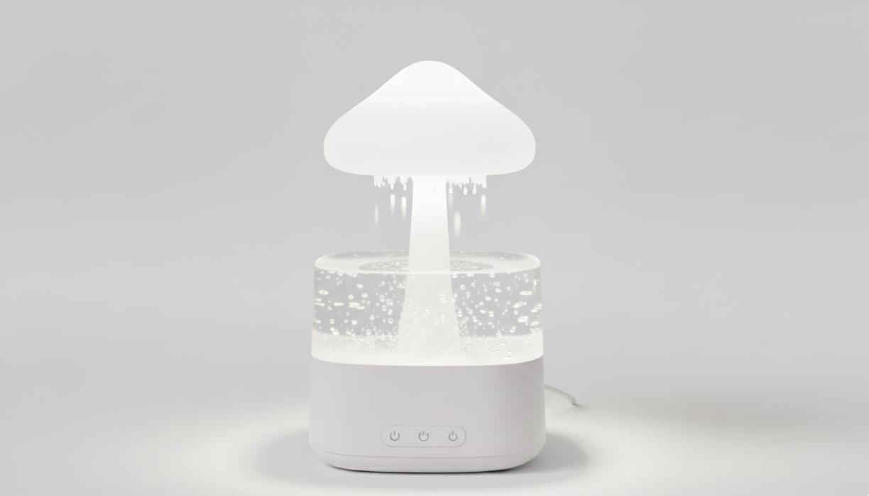 Lura Rain Cloud Diffuser in white, featuring a transparent water tank and glowing mushroom cloud top on a clean white studio background.
