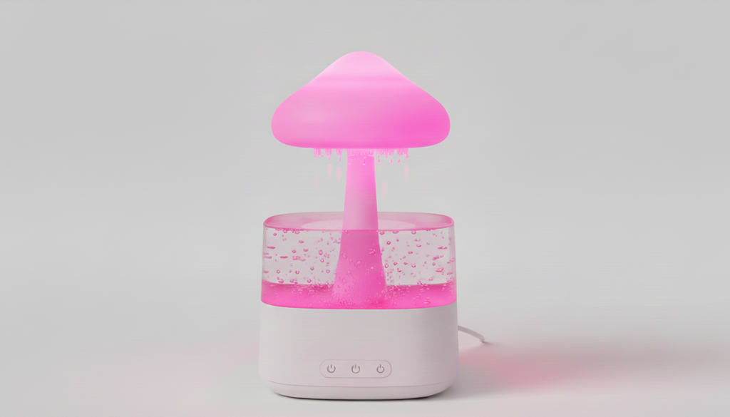 Lura Rain Cloud Diffuser in white mode, showing the sleek mushroom cloud design and falling water droplets against a minimalist studio background.