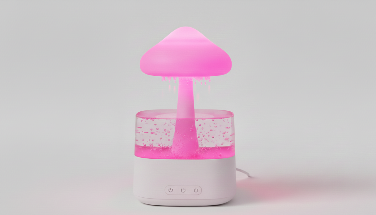 Lura Rain Cloud Diffuser in white mode, showing the sleek mushroom cloud design and falling water droplets against a minimalist studio background.
