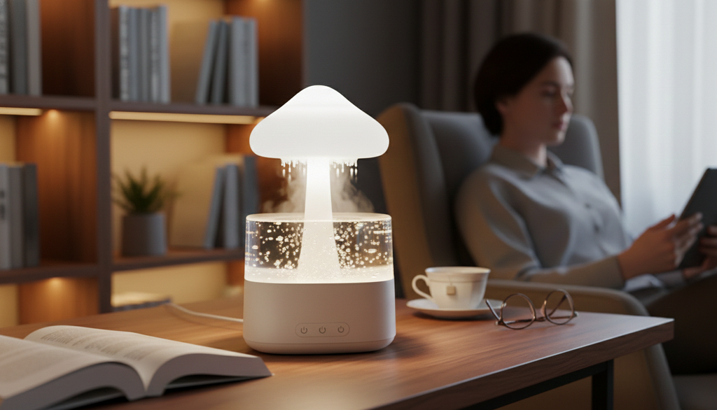 Lura Rain Cloud Diffuser glowing on a wooden table with a person reading in a cozy living room background, creating a calm and premium atmosphere.
