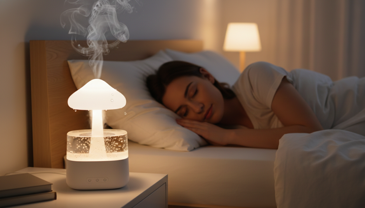 Lura Rain Cloud Diffuser glowing on a nightstand beside a woman sleeping peacefully in a cozy bedroom, demonstrating its use as a night light and sleep aid.