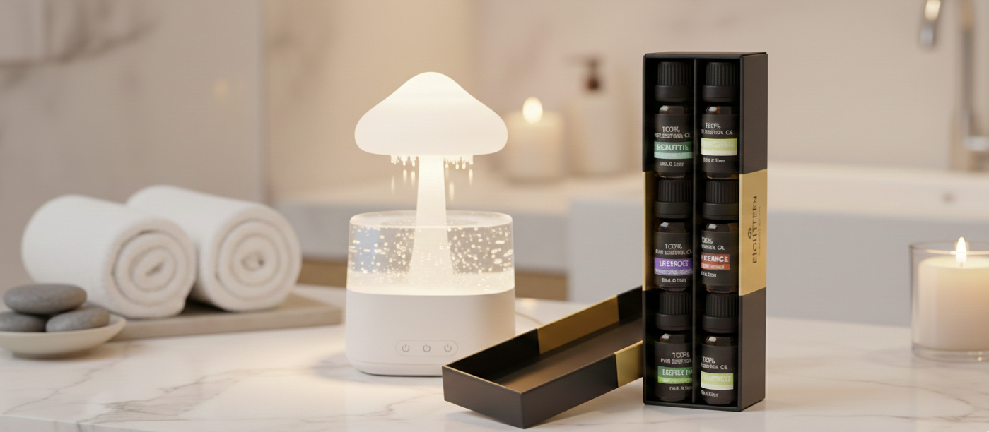 Lura Essential Oils and Zen Cloud Diffuser in a modern bathroom setting, showcasing the ultimate home spa and relaxation routine.