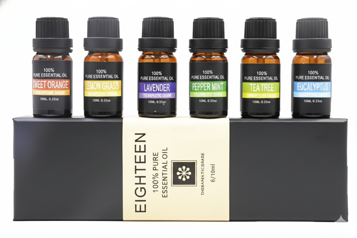 Complete set of 6 Lura Essential Oils (Lavender, Eucalyptus, etc.) in amber glass bottles, showing the professional grade collection.